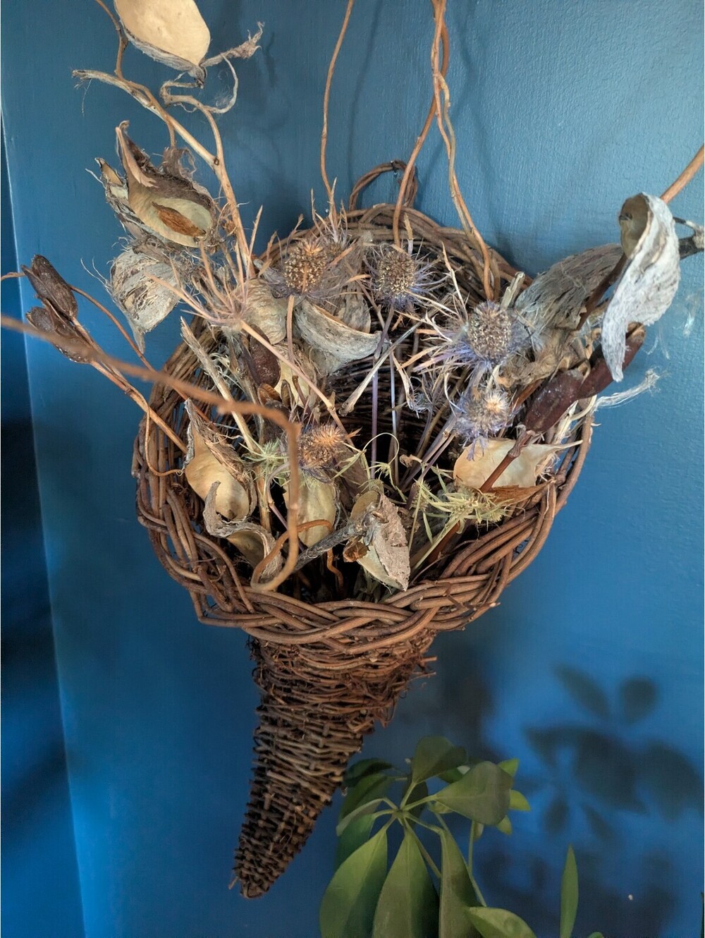 Fall Decor - Horn of Plenty / Cornucopia Shaped Woven Basket, Ready to Hang